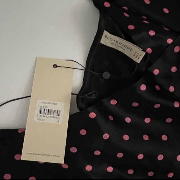 BEC & BRIDGE Kylie Polka-Dot Satin Midi Slip Black Dress 2 - Picture 2 of 9